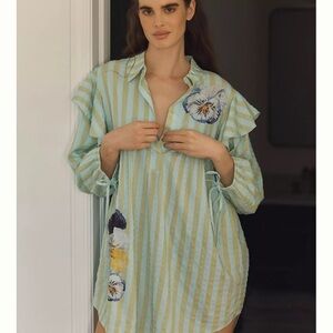 Anthropologie Green and White Floral Swim Cover-Up